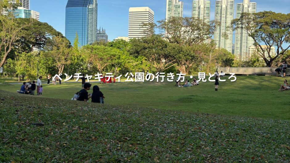 ベンチャキティ公園の芝生エリアと高層ビルの風景（バンコク）