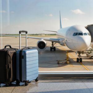 空港で飛行機とスーツケースが映っている、自然でリアルな写真風の画像。ブログに挿入しやすい清潔感のある構図。